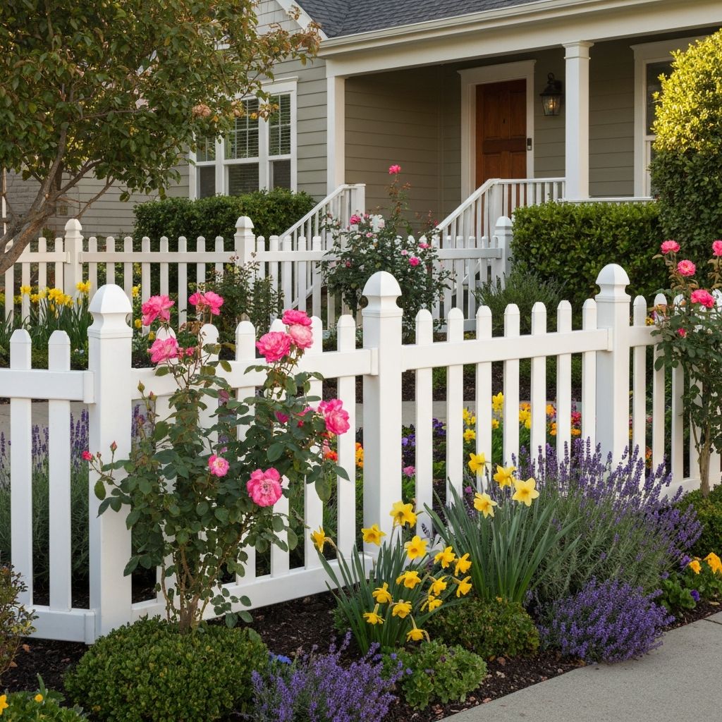 White vinyl picket fence in front yard