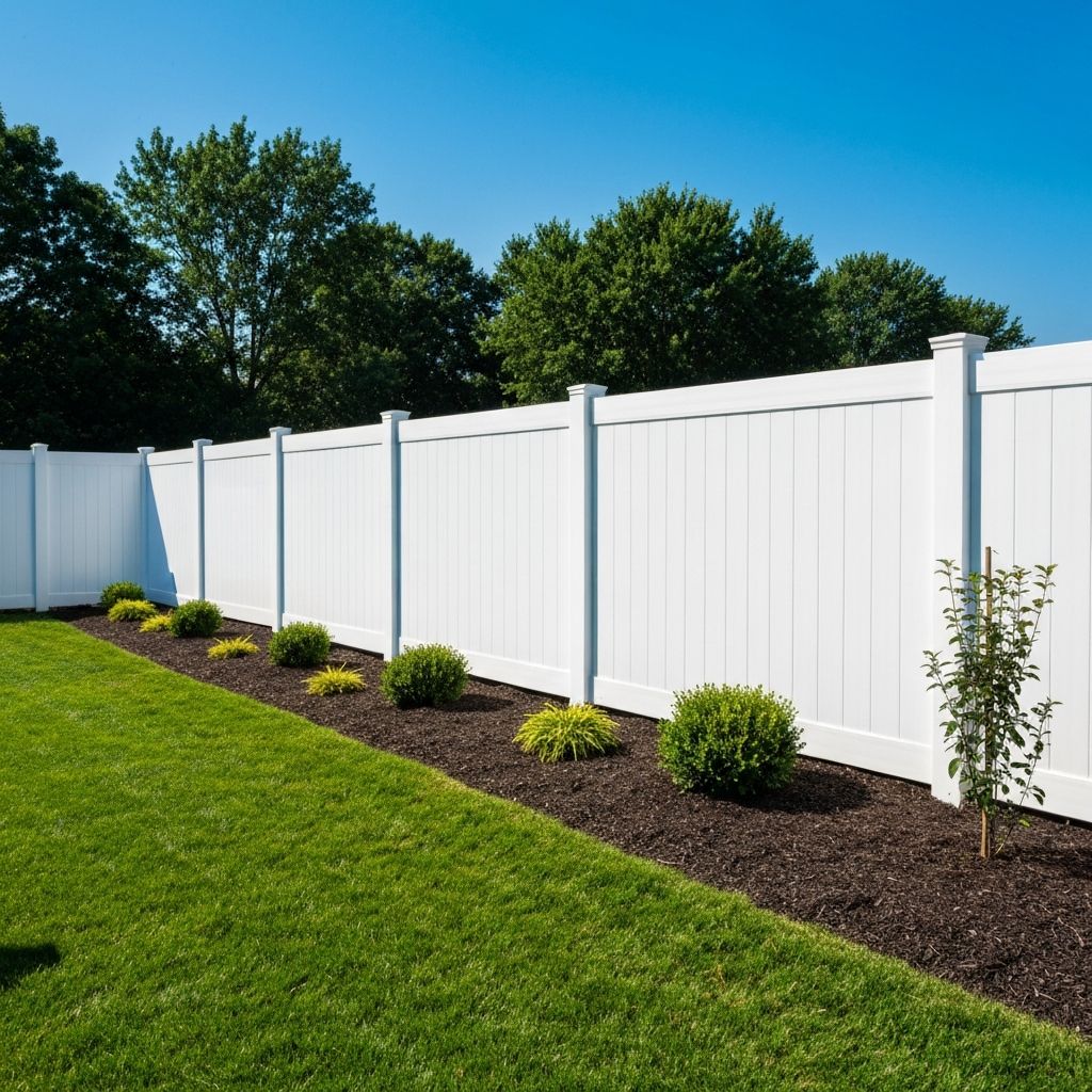 White vinyl privacy fence in backyard